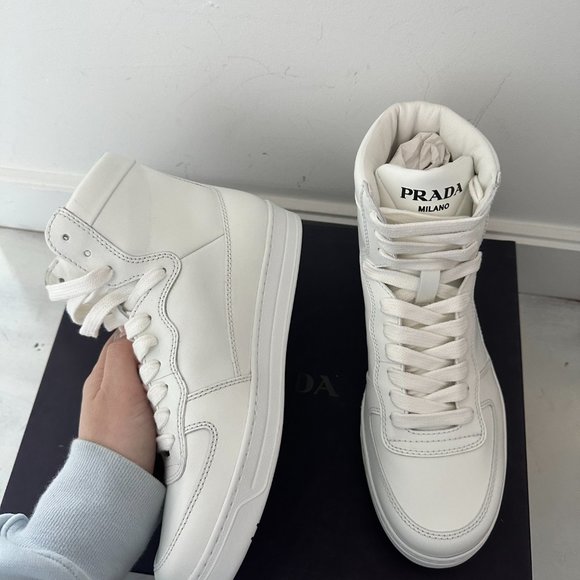 PRADA High Top Sneakers White Soft Leather Triangle Logo Lace up Men's 5.5 - Picture 6 of 11